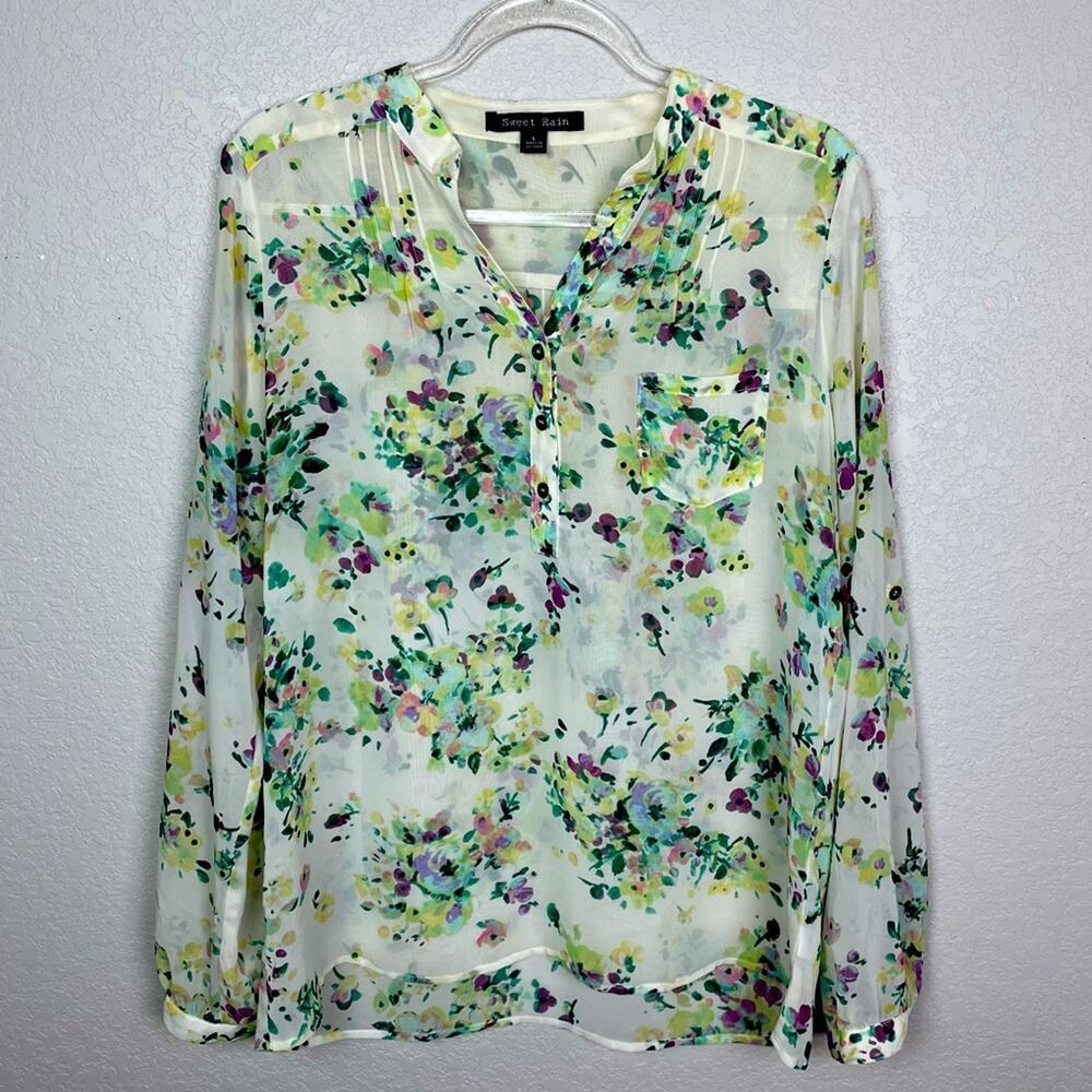 SWEET RAIN Floral Chiffon Half Button Down Blouse Size L